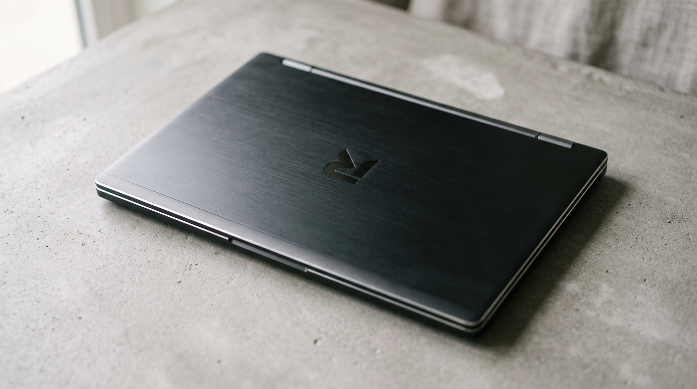 Gesloten gaming laptop van bovenaf, metallic chassis met subtiele branding zichtbaar
