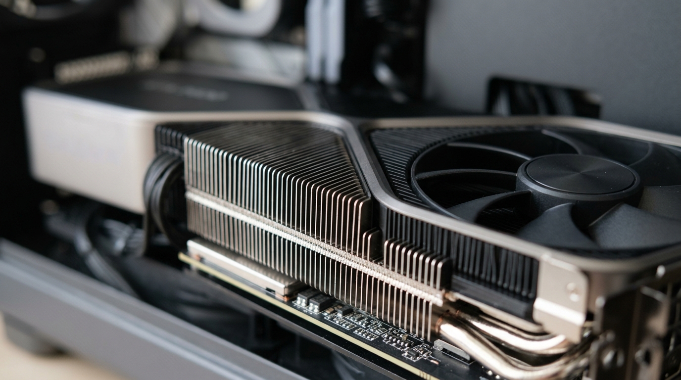 Macro-detail van GPU-koeling met heatsink en ventilatorbladen