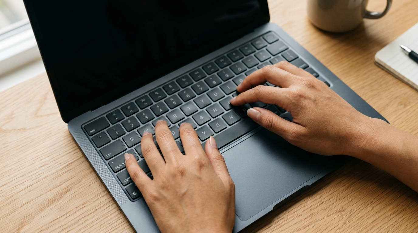 Bovenaanzicht van compact toetsenbord en trackpad met hand tijdens typen