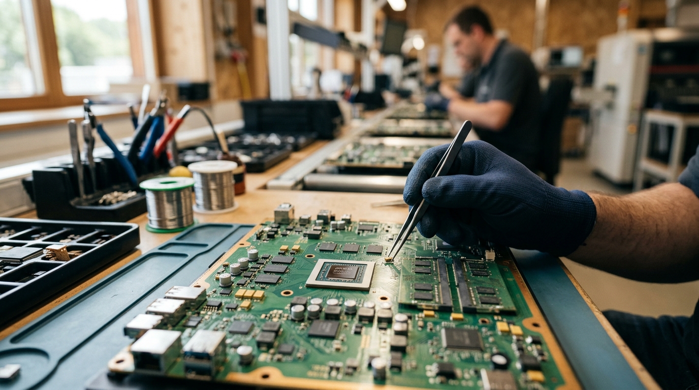 Productieproces van elektronische componenten in een fabrieksomgeving met zachte verlichting.
