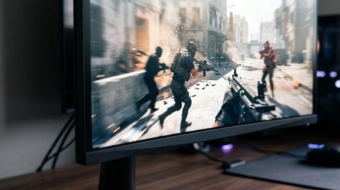 Gedetailleerde close-up van een gaming monitor met scherpe bewegende elementen in beeld, demonstrerend hoe hoge verversingssnelheden bewegingen weergeven.