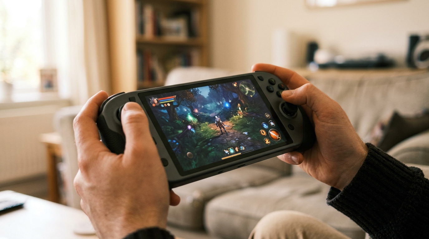 Handen houden een gaming handheld vast met zichtbare D-pad en trigger-knoppen in gebruik.