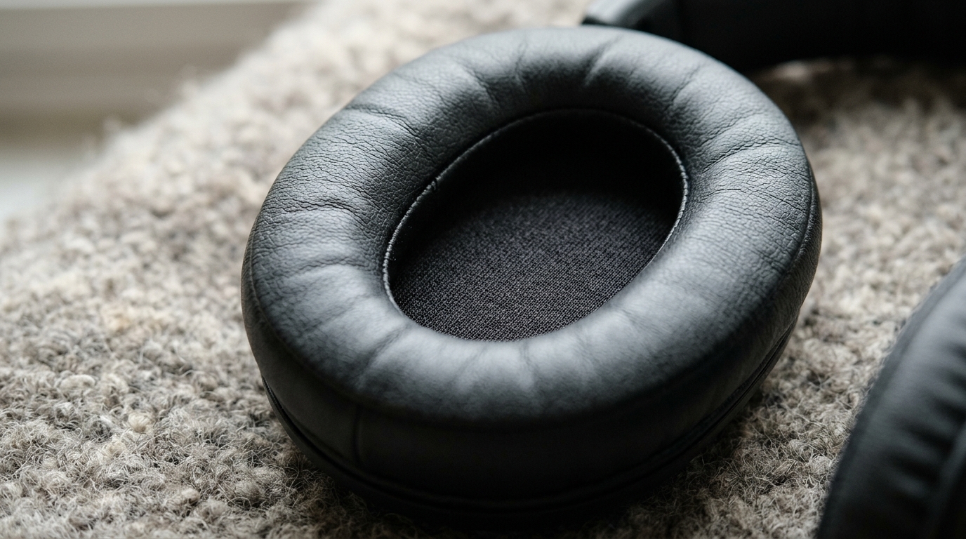 Gedetailleerde close-up van memory foam oorkussens met textuur en laagje beschermende coating.