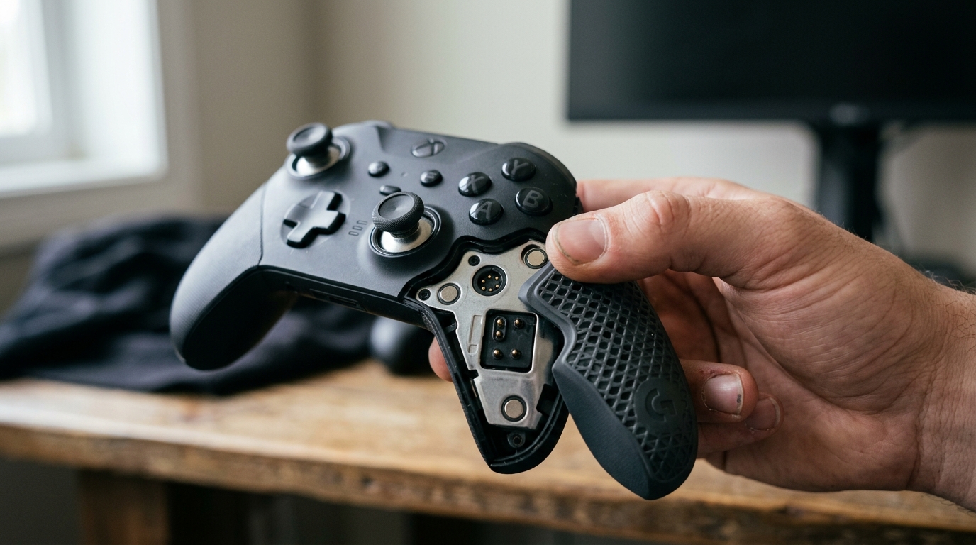 Hand die een modulaire controller vasthoudt met zichtbare verwisselbare grip en magnetische stick-aansluiting.