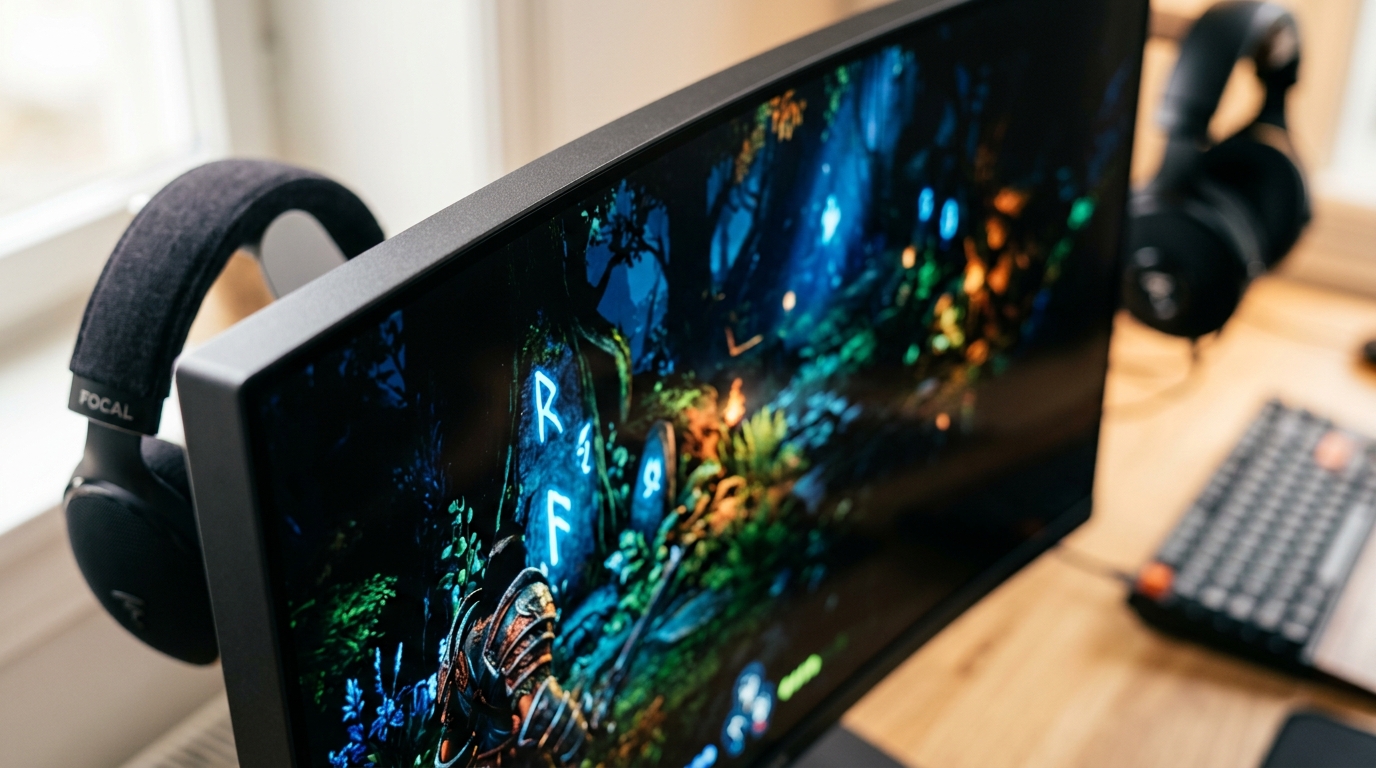 Detailshot van een gaming monitor met OLED-paneel en glanzende afwerking