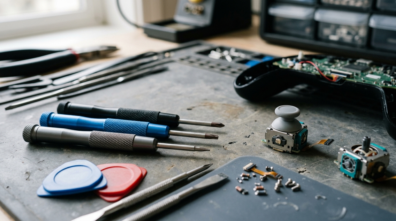 Reparatietools en onderdelen uitgelegd op een werkblad: schroevendraaiers, opening picks en vervangsticks.