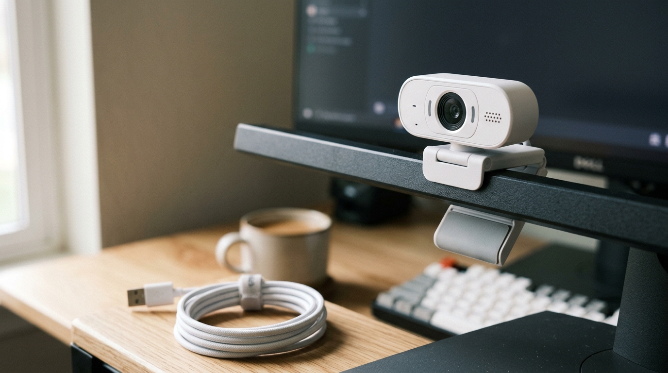 Witte webcam op monitorbeugel met USB-kabel op een schoon bureau