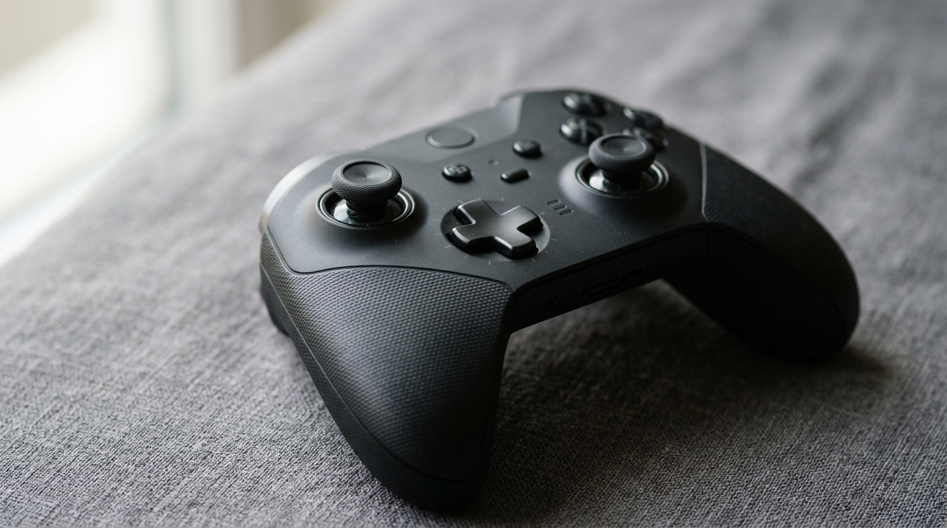 Detailopname van een premium gamecontroller met asymmetrische joysticks en ergonomisch design