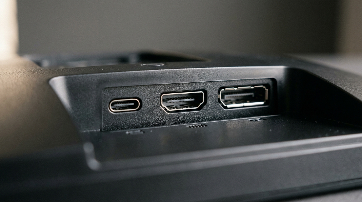 Close-up van verschillende aansluitingen op een gaming monitor, waaronder USB-C, HDMI en DisplayPort poorten.