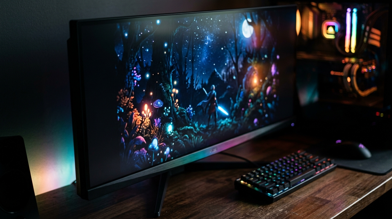 Gaming monitor met intense zwarte waarden en levendige kleuren in gedimde omgeving, RGB-verlichting weerspiegeld op het scherm