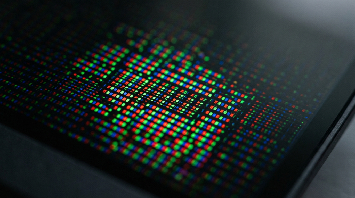 Macro-detail van monitor-paneel met zichtbare pixel-structuur en individuele licht-emitterende elementen