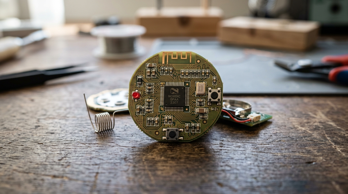 Macro-opname van een draadloze controller-puck met zichtbare elektronische componenten en microcontroller op een werkbank.