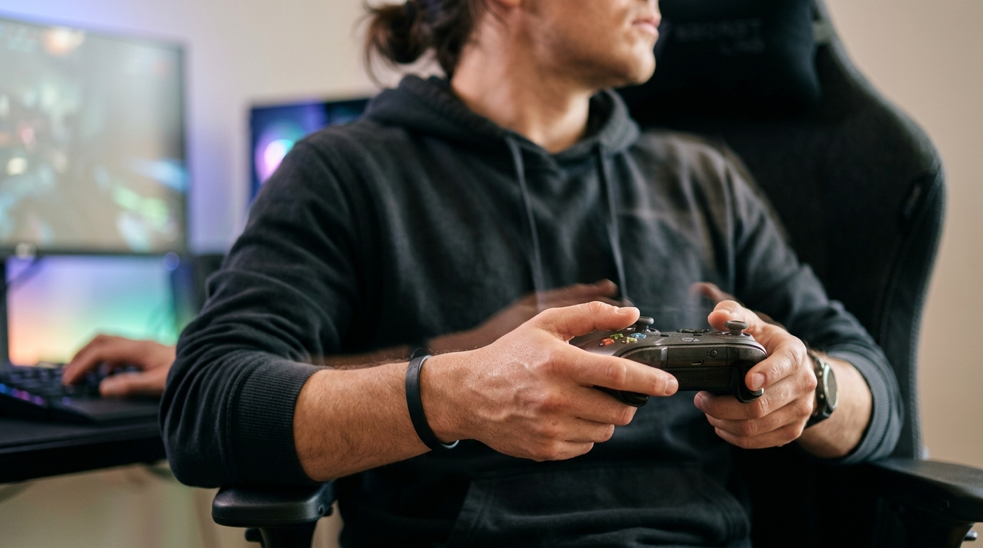 Gamer voelt haptische trillingen in de rug en borst tijdens intensief gamen