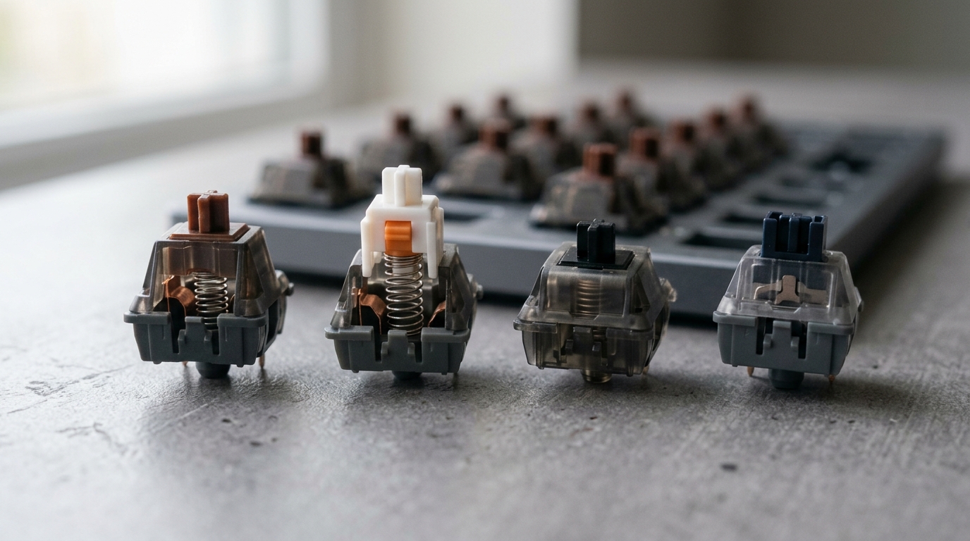 Macro-opname van mechanische toetsenbordschakelaars met zichtbare interne veren en stelen.