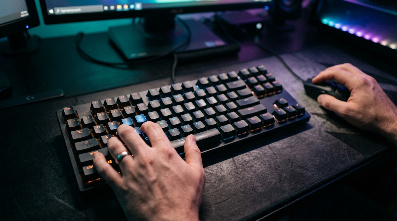 Bovenaanzicht van een gaming-toetsenbord met handen in speelhouding en subtiele RGB-verlichting op de achtergrond.