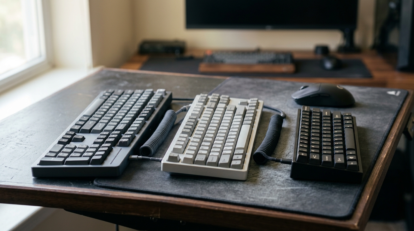 Drie toetsenbordformaten naast elkaar op een gaming-bureau, met een muis ter grootteverwijzing.